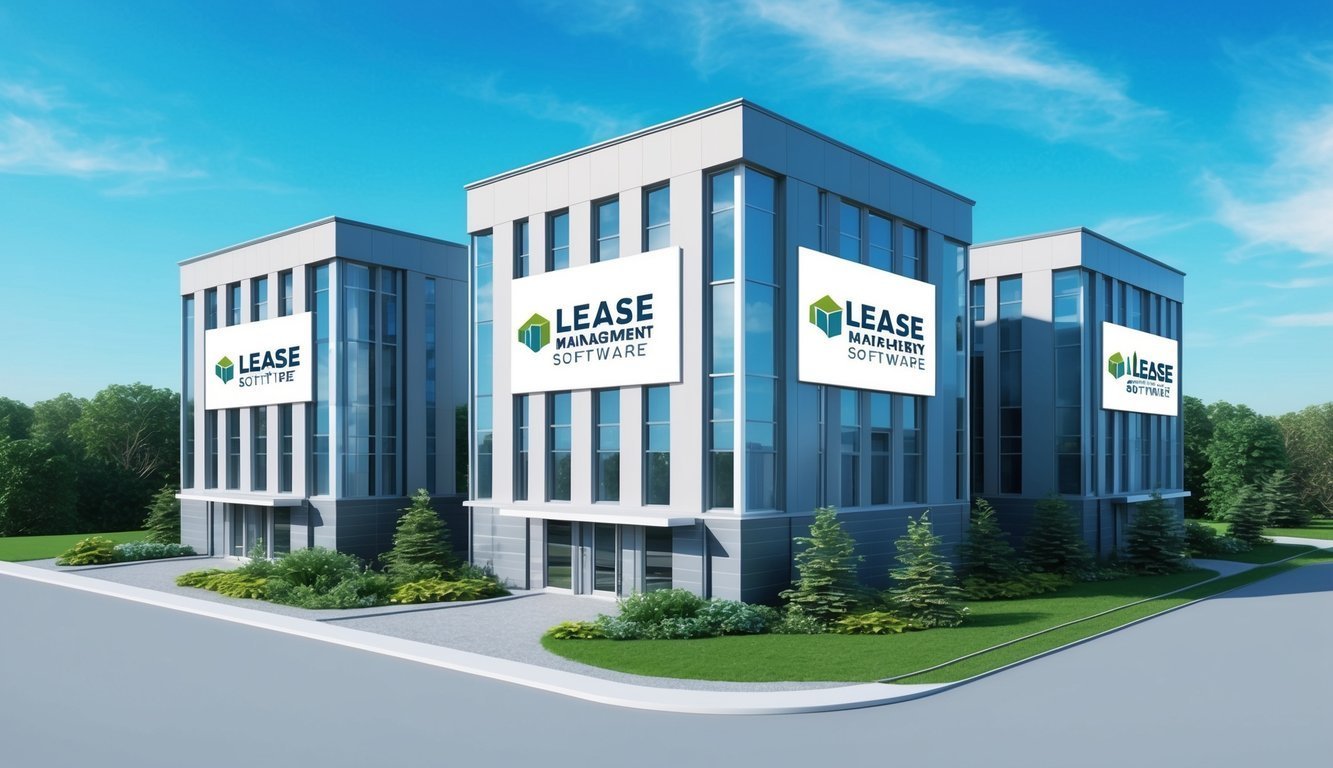 Three modern office buildings with "Lease Software" signs