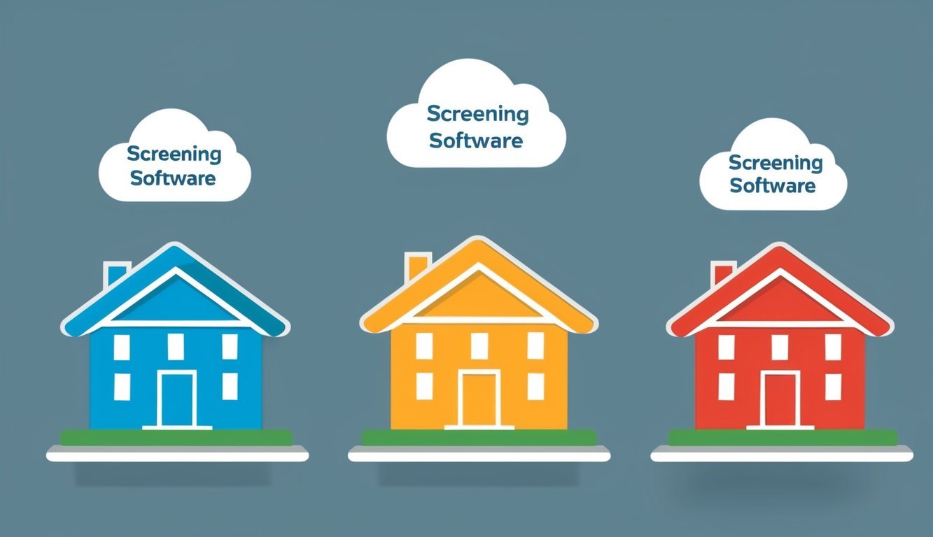 Three rental property icons with different screening software options floating above them.</p><p>Each icon represents a different software choice, with a cloud symbolizing TenantCloud