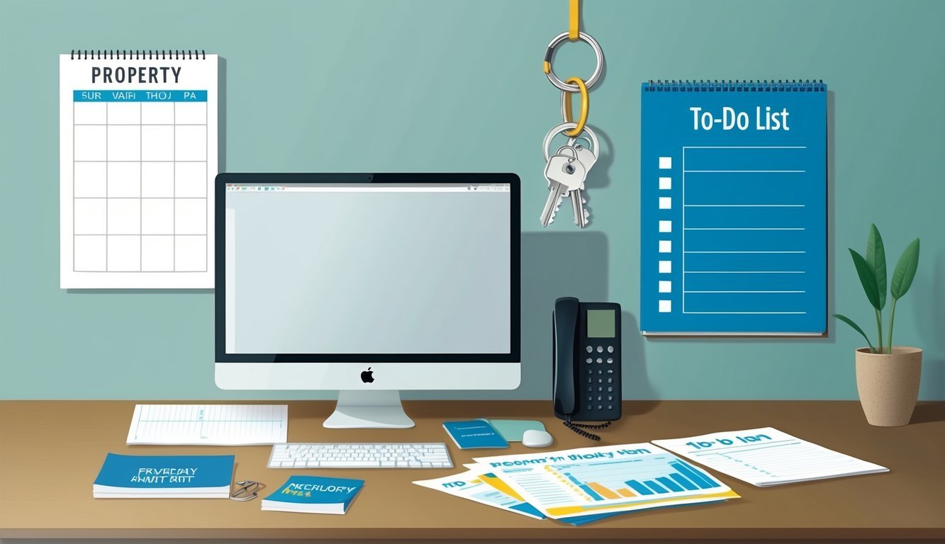 A desk with a computer, phone, and paperwork.</p><p>A keyring with various property keys.</p><p>A calendar and to-do list on the wall