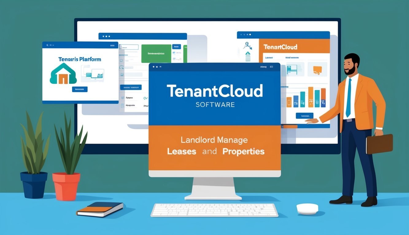 A landlord using TenantCloud software to manage leases and properties, with three platform options displayed on a computer screen