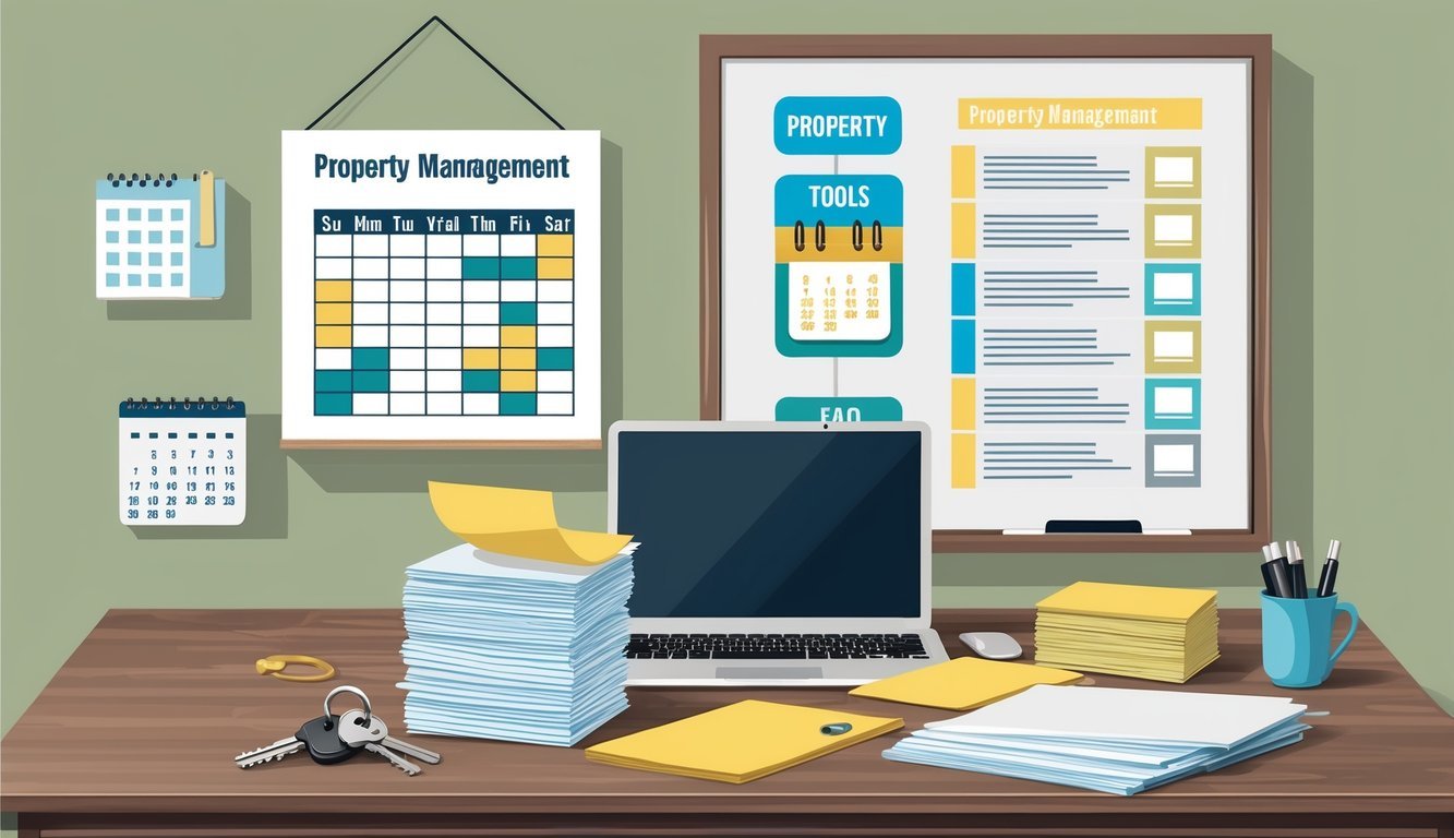 An office desk with a laptop, a stack of papers, and a set of keys.</p><p>A calendar and a whiteboard with property management tools and FAQs