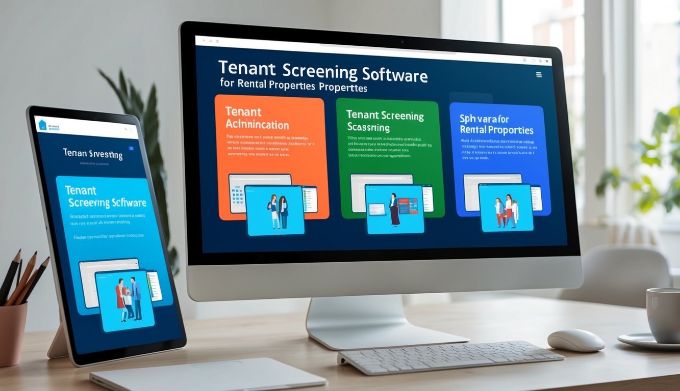 A computer screen displaying three different options of tenant screening software for rental properties