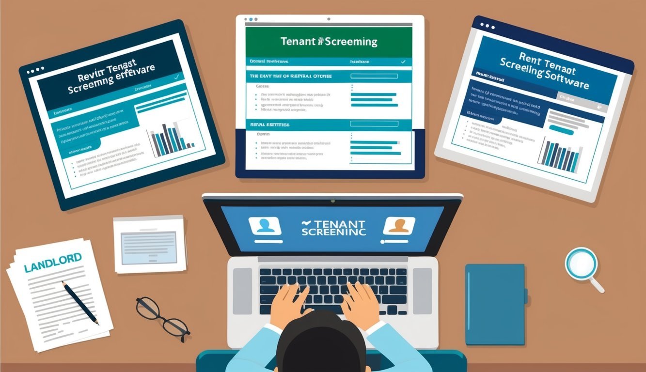 A landlord reviewing three different tenant screening software options for rental properties, with legal documents and a computer on the desk