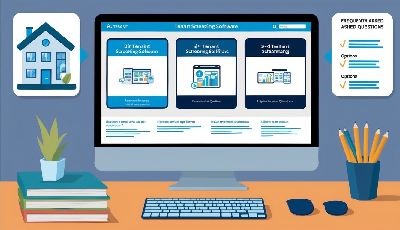 A computer screen displaying three different tenant screening software options for rental properties, with a list of frequently asked questions below