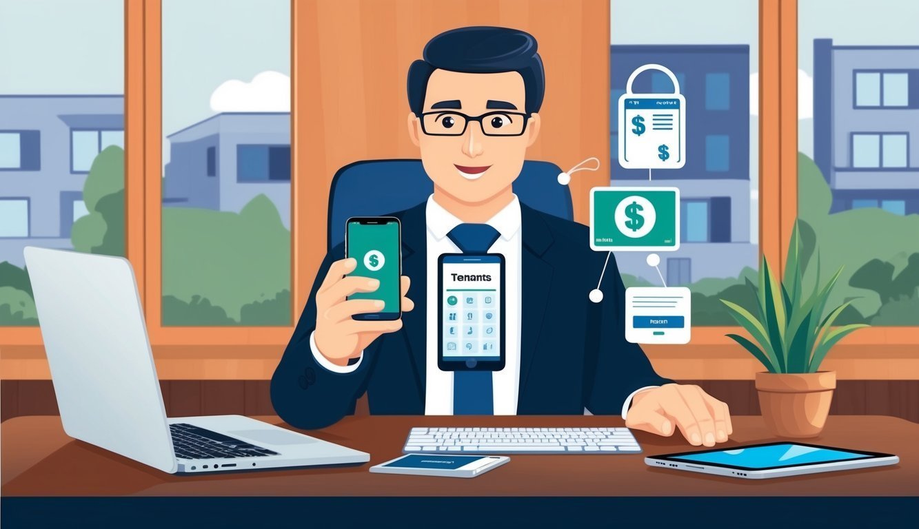 Businessman with phones and financial icons, representing tenant management