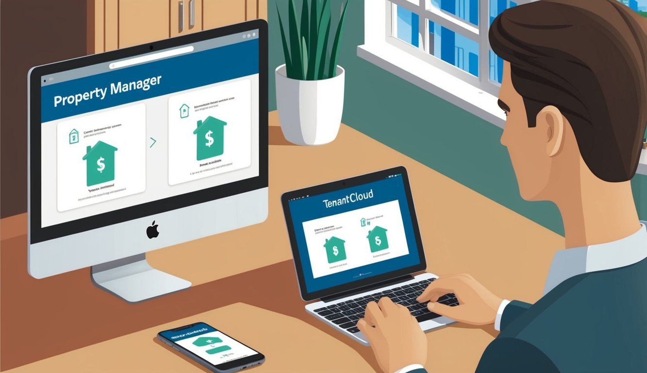 A property manager using TenantCloud's rent collection tools on a computer, tablet, and smartphone