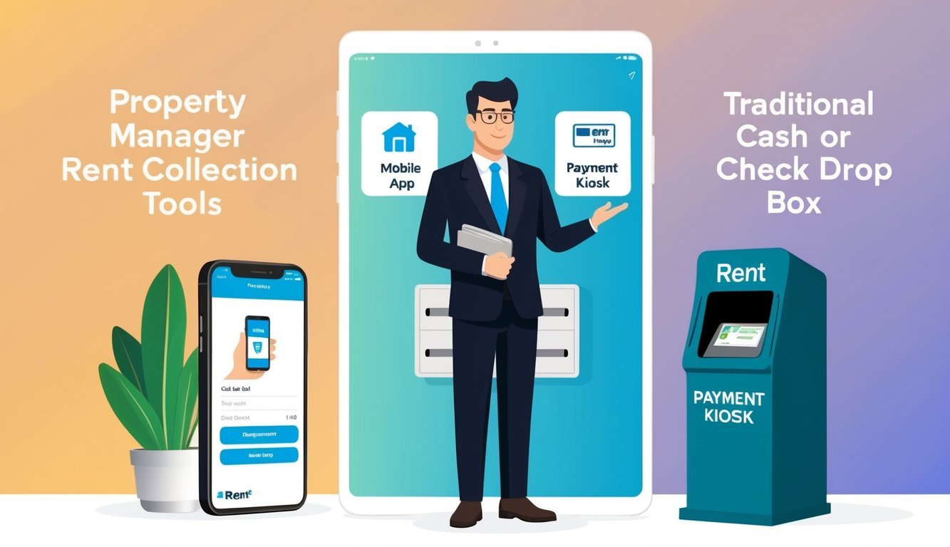 A property manager stands in front of three different rent collection tools, including a mobile app, a payment kiosk, and a traditional cash or check drop box