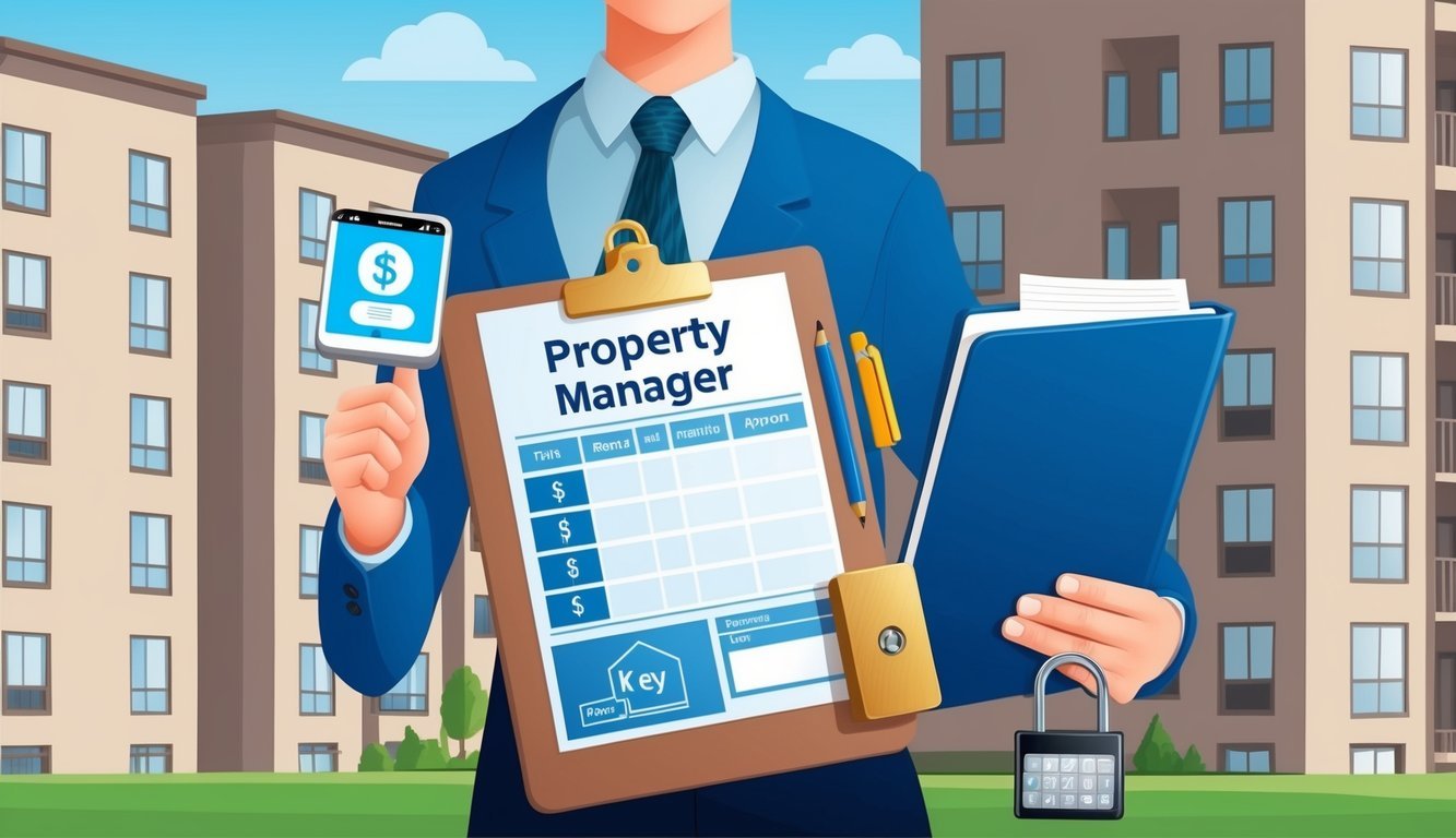 A property manager holds a clipboard with rent collection tools, including a digital payment app, a key lockbox, and a ledger book, against a backdrop of apartment buildings