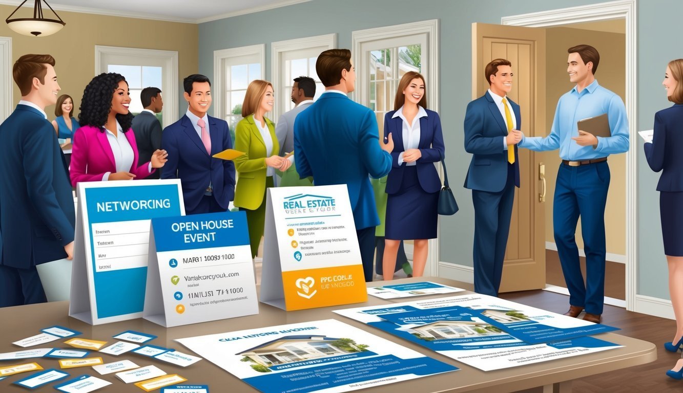 Real estate networking event with people, signs, and brochures on a table