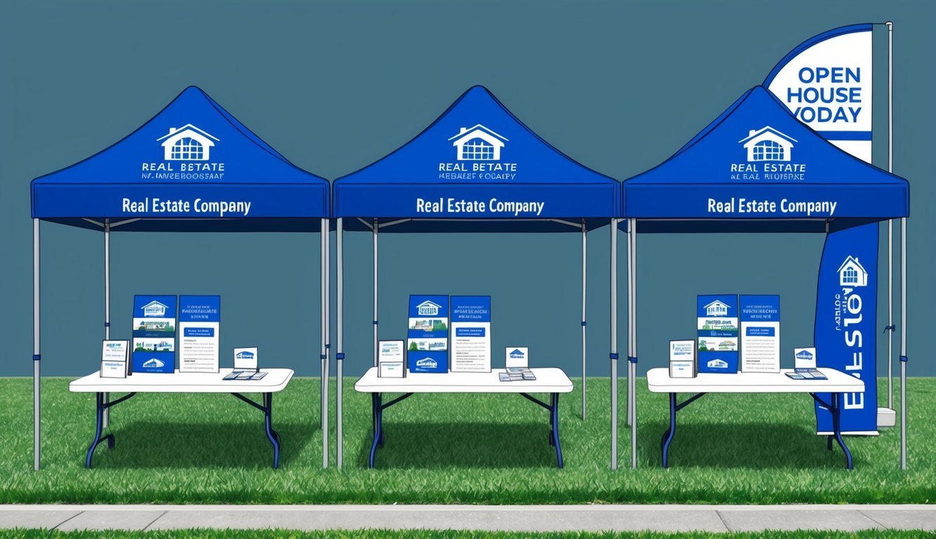 Three real estate company booths with tables, signs, and "Open House Today" banner