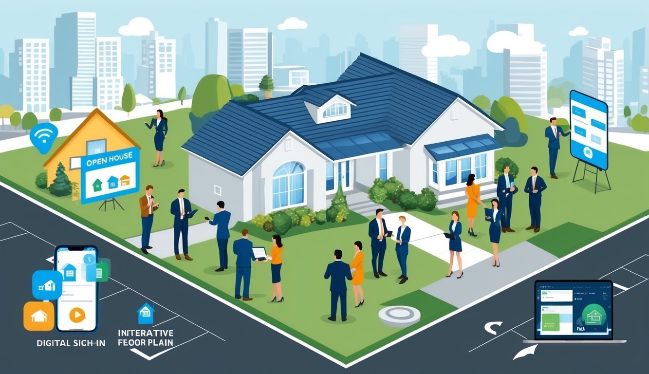 A bustling open house event with real estate professionals networking and utilizing event tools like digital sign-in, interactive floor plans, and virtual reality tours