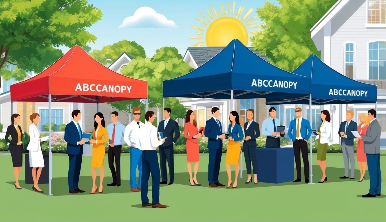 A sunny outdoor real estate event with three ABCCanopy pop-up tents set up, surrounded by potential clients and real estate agents