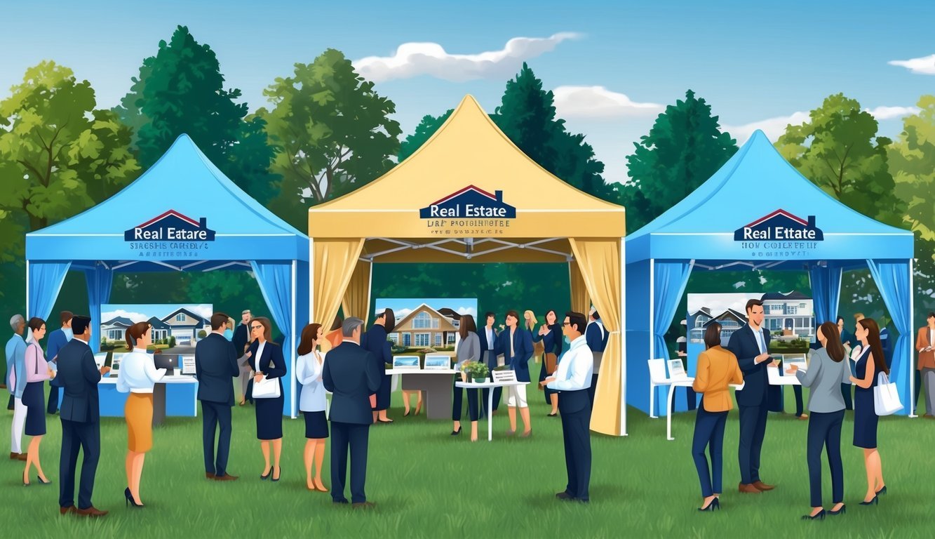 Three pop-up tents set up outdoors, each branded with a real estate company's logo.</p><p>A crowd of people gathers around, engaging with agents and exploring the properties on display