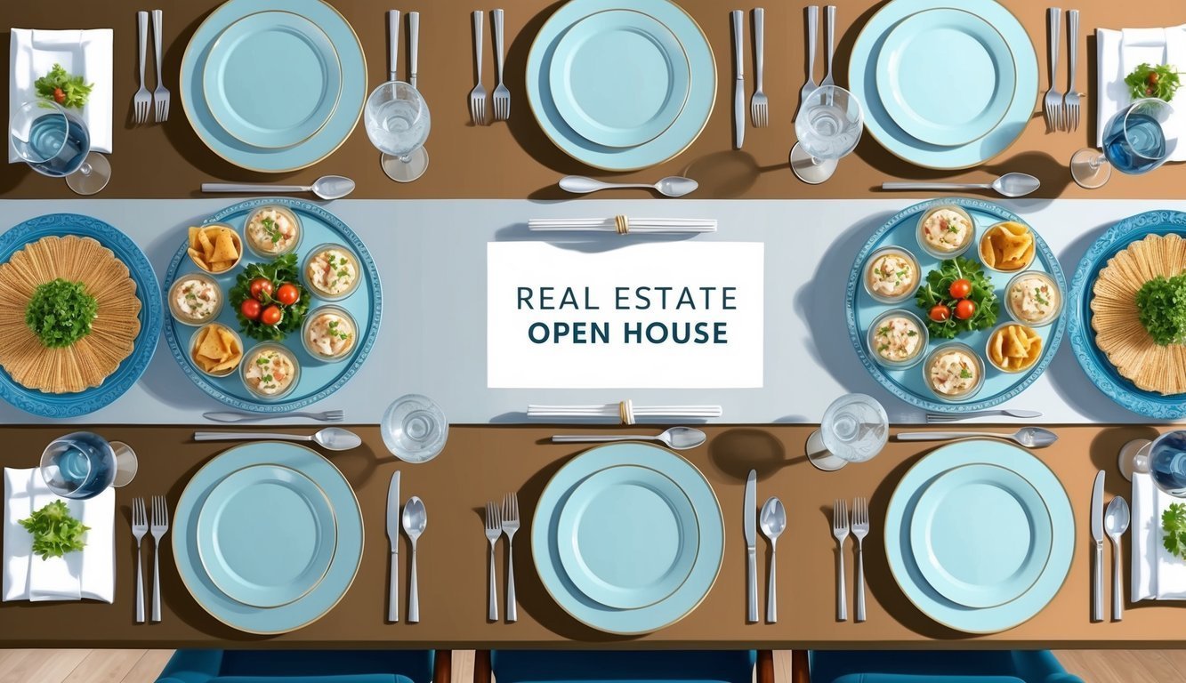 Overhead view of a table set for a real estate open house