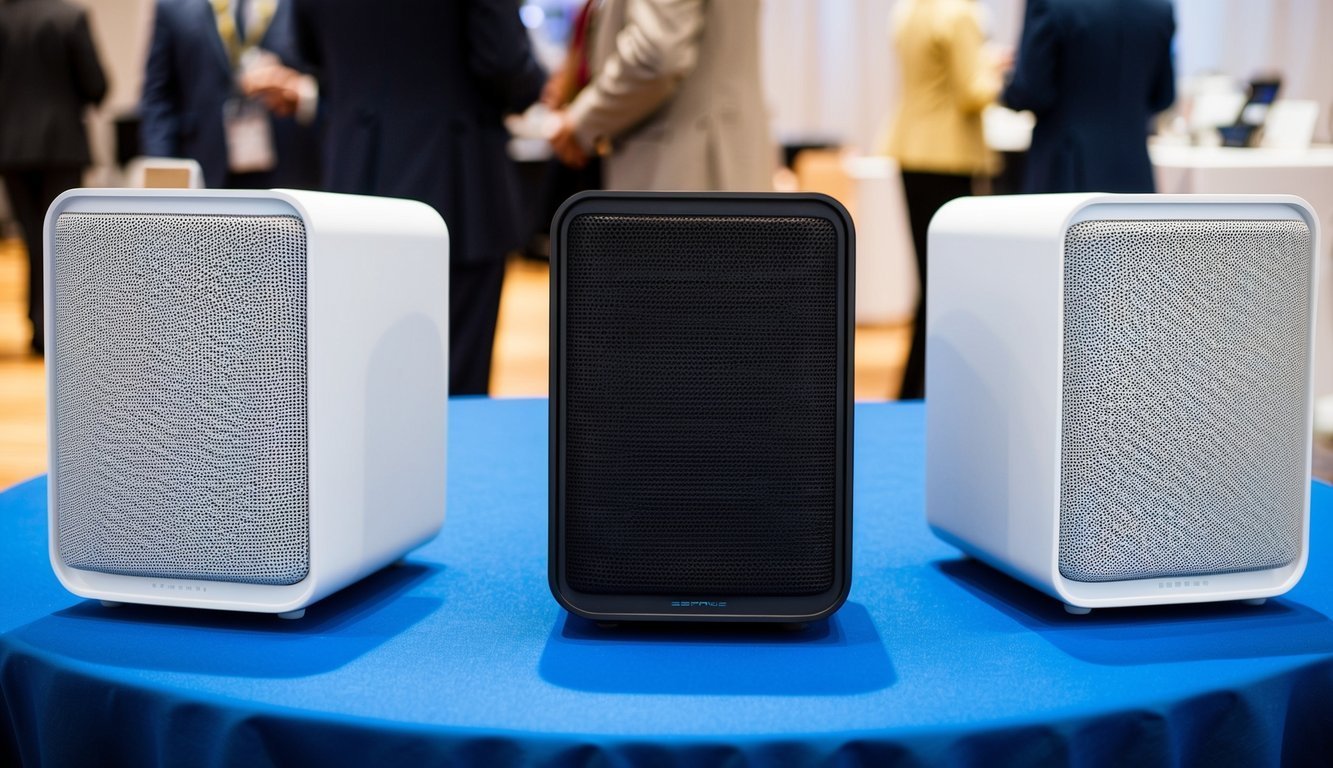 Three speakers, two white and one black, on a blue table