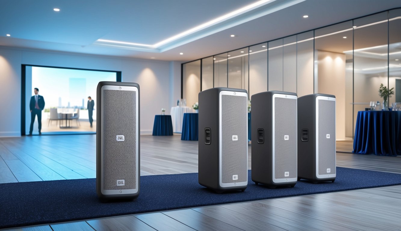 Three JBL EON One Compact speakers set up in a sleek, modern real estate event space, projecting crisp, clear sound throughout the room