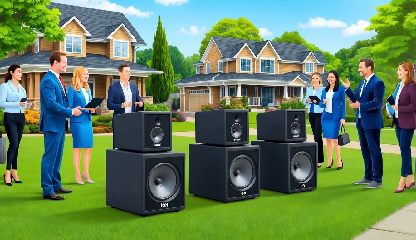 A real estate event with ION Audio Block Rocker Plus 3 speakers set up outdoors, surrounded by potential buyers and real estate agents