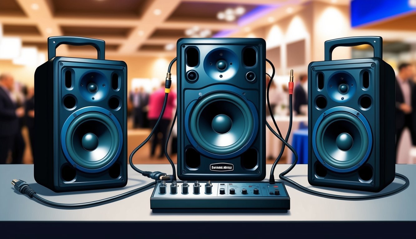 Three portable speakers arranged on a table at a real estate event, with wires connected to a sound system