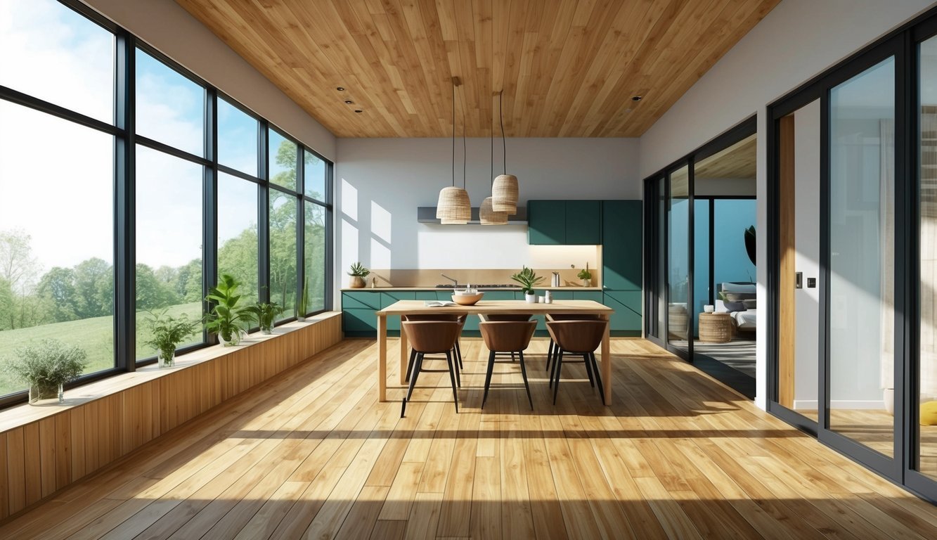 A modern, eco-friendly interior with bamboo flooring, sustainable materials, and natural light streaming in through large windows