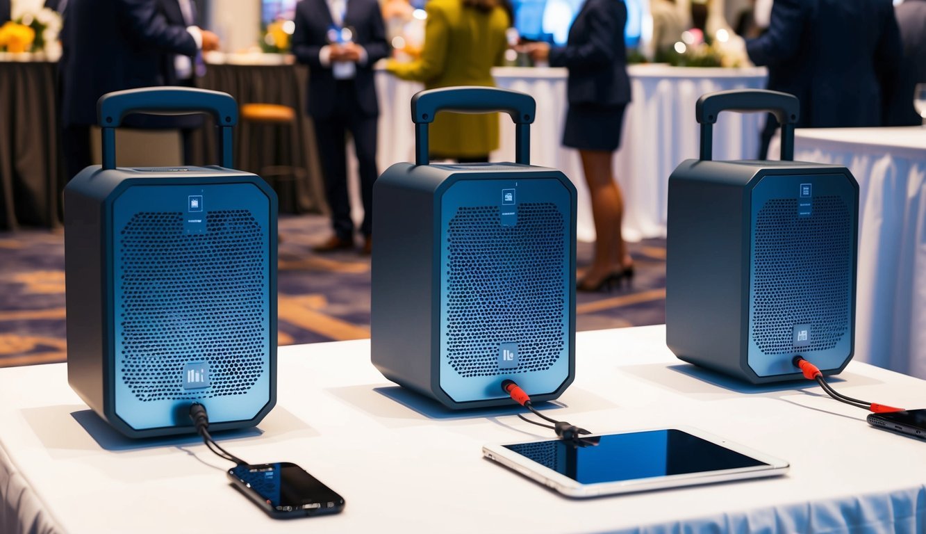 Three portable speakers displayed on a table at a real estate event.</p><p>Each speaker is connected to a device and emitting sound