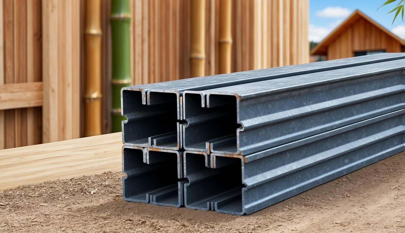 Three recycled steel beams stacked on a construction site, with a background of eco-friendly building materials like bamboo and reclaimed wood