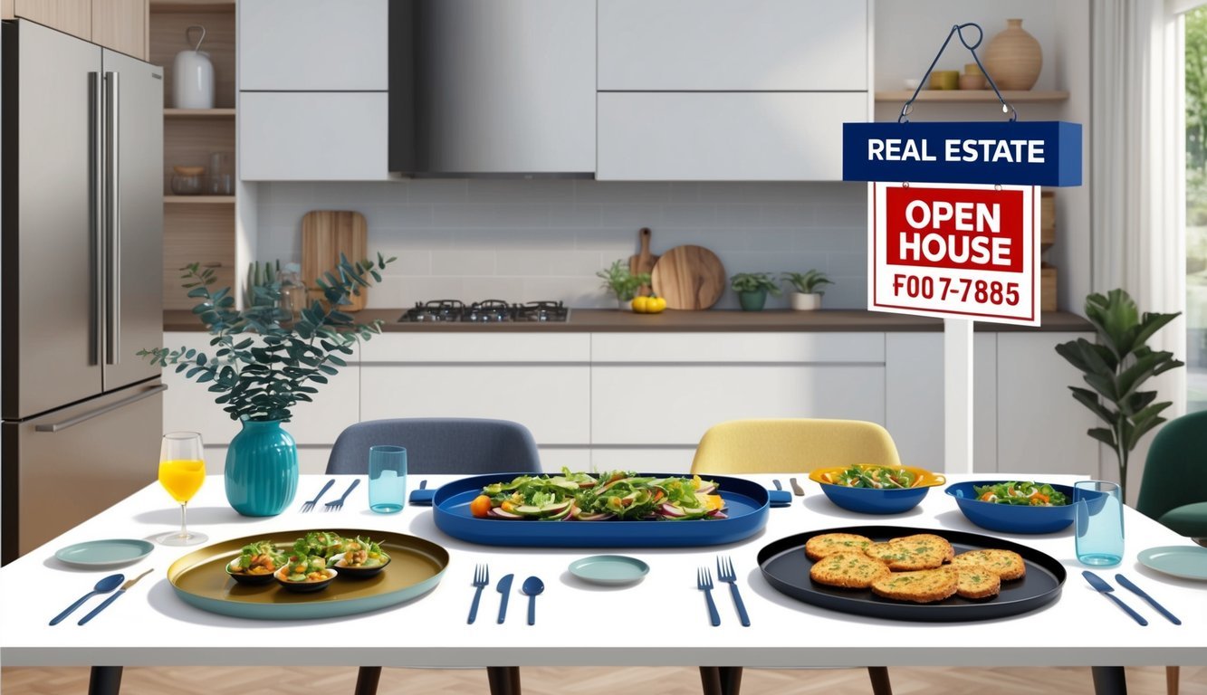A table set with trays, utensils, and serving platters.</p><p>A backdrop of a stylish kitchen or dining area with real estate open house signage