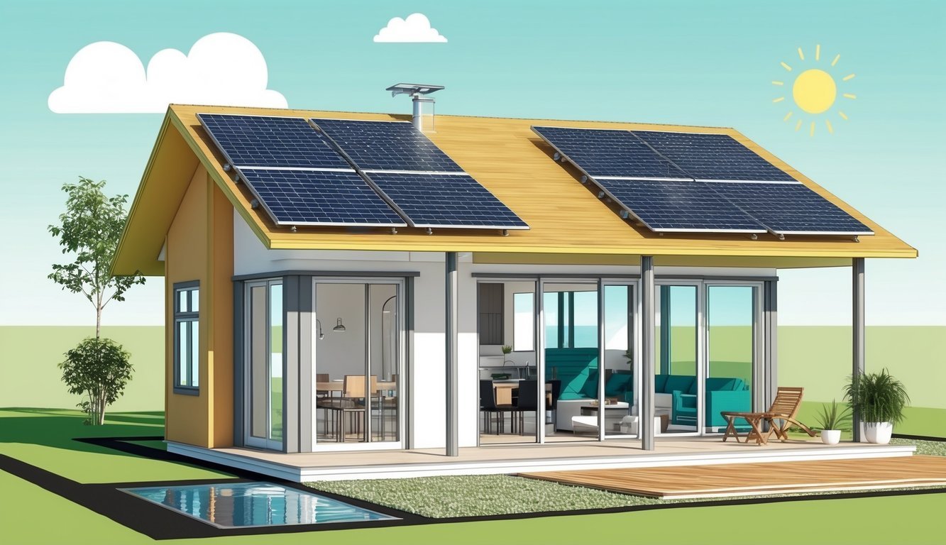 A modern eco-friendly house with solar panels, rainwater harvesting system, and recycled building materials