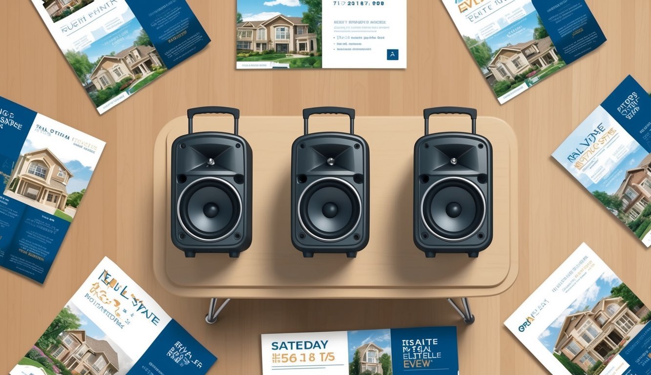 A table with three portable speakers surrounded by real estate event flyers and brochures