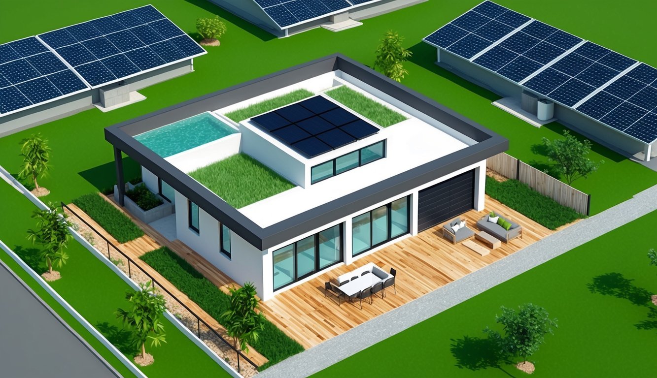 A modern real estate project with eco-friendly materials like bamboo flooring, recycled glass countertops, and solar panels on the roof