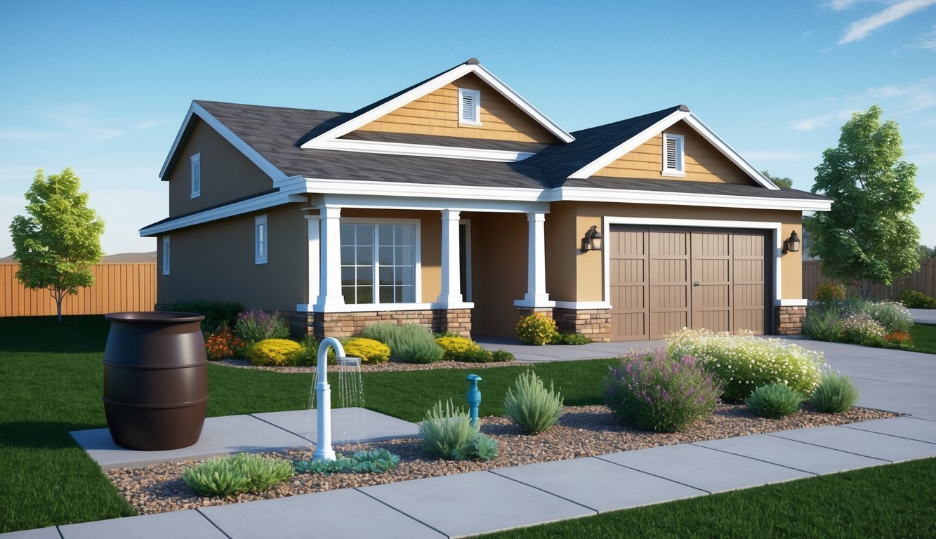 Tan house with a garage, landscaping, and a water feature