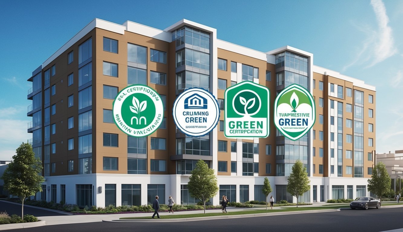 Modern apartment building with green certification logos displayed