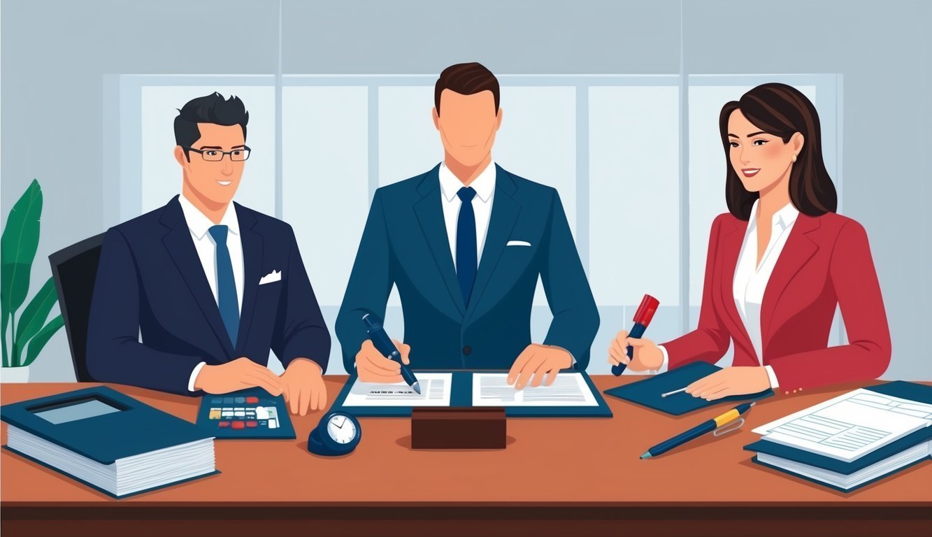 Three business people at a desk, signing documents