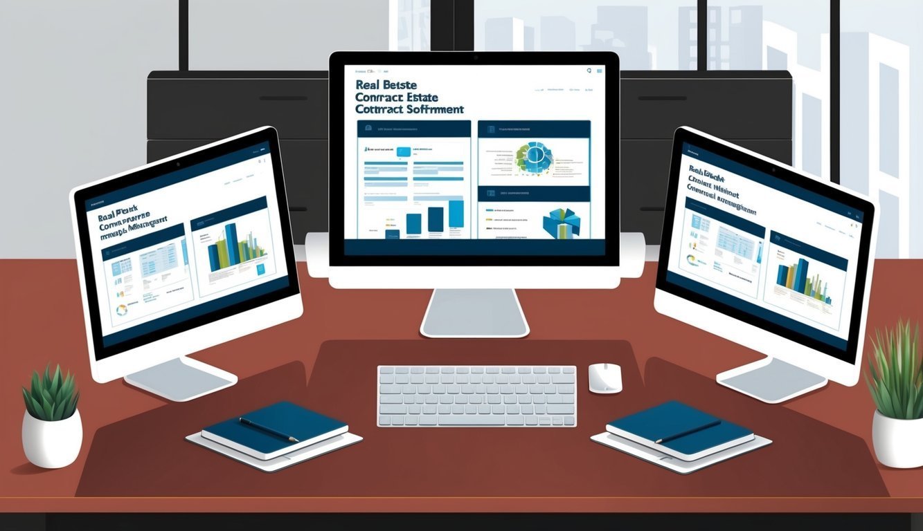 Three computer monitors displaying charts and data on a desk with office supplies