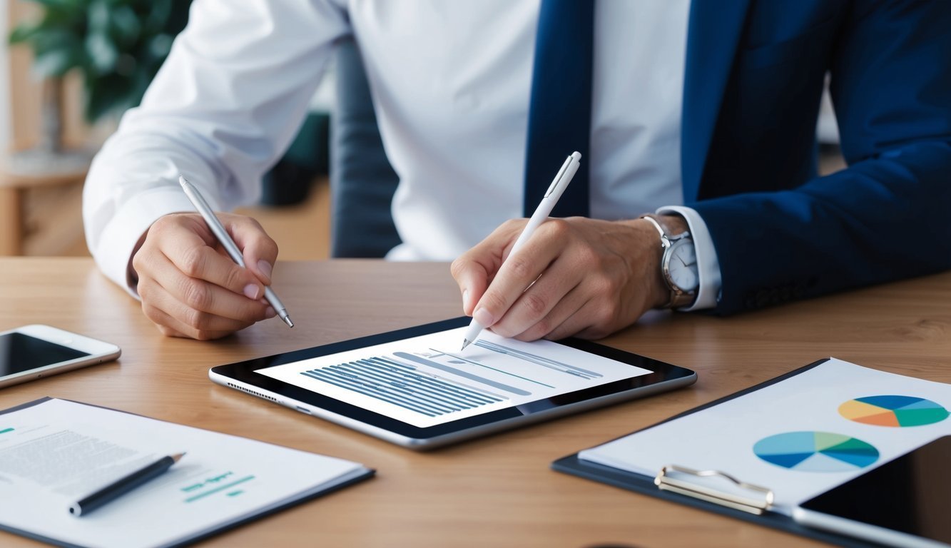 Businessman in suit writing on a tablet with financial charts on desk