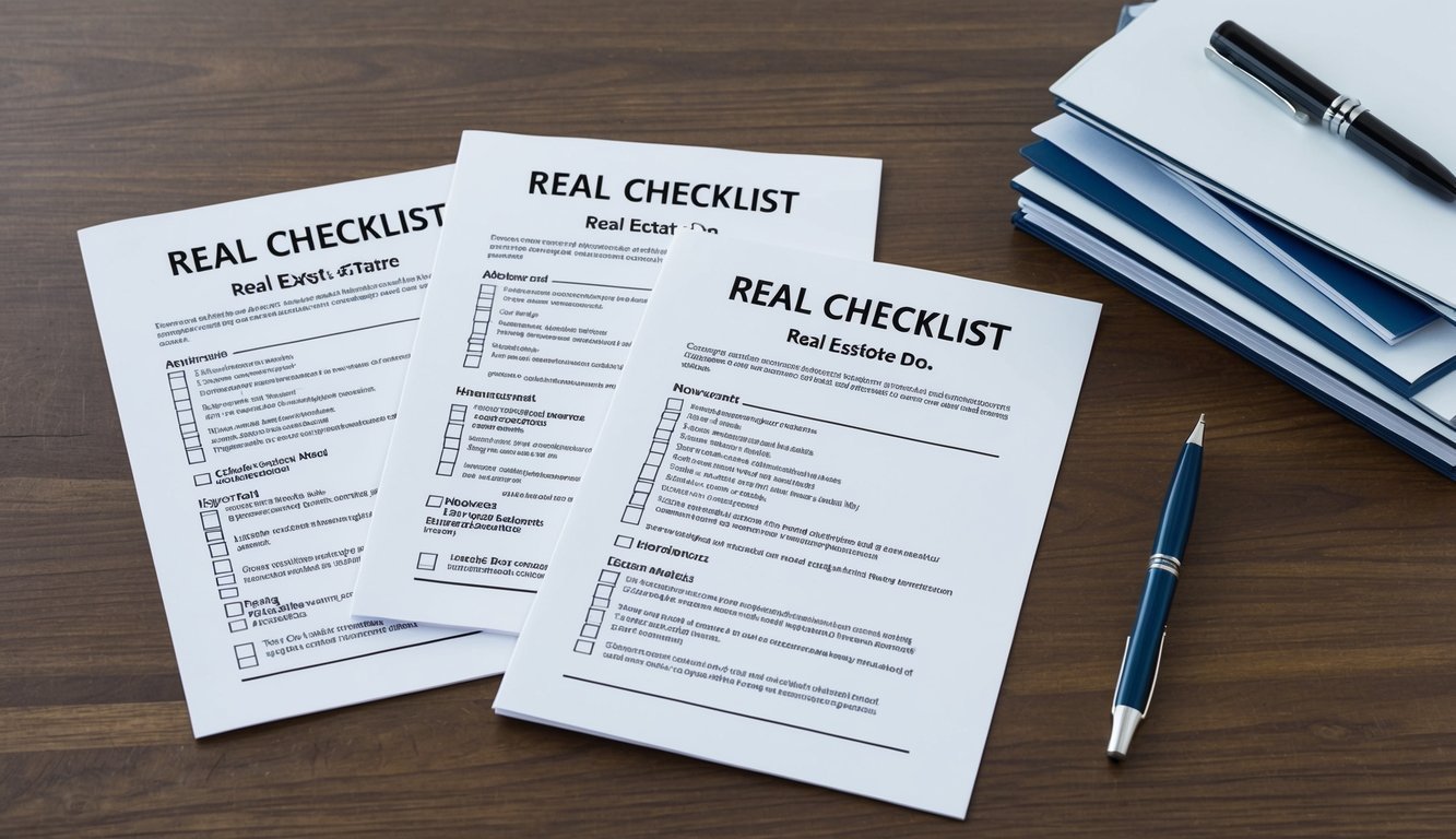 Three "Real Checklist" papers with pens and a stack of papers on a desk