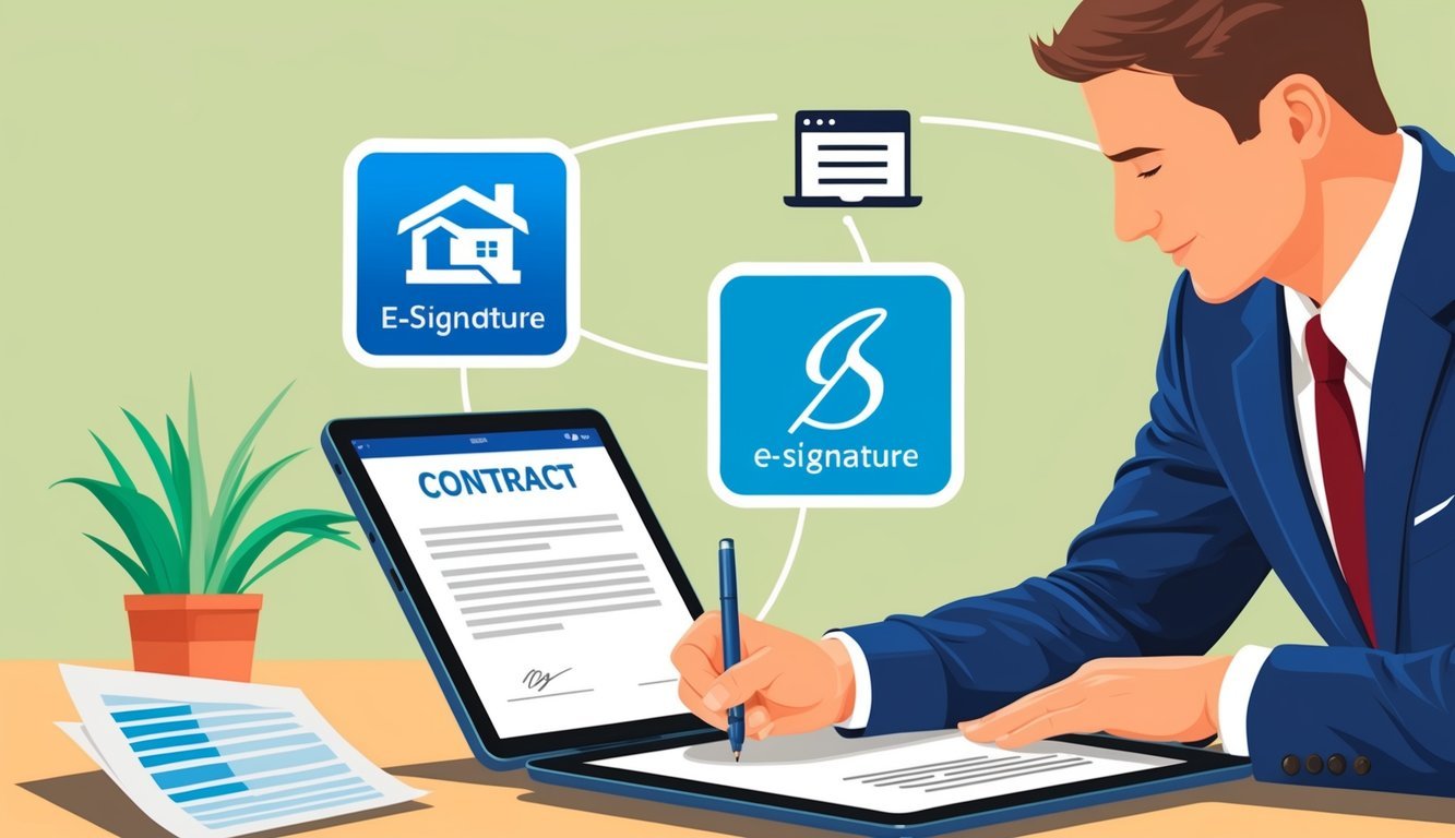 A real estate agent using a digital tablet to sign a contract, with three different e-signature platforms displayed on the screen