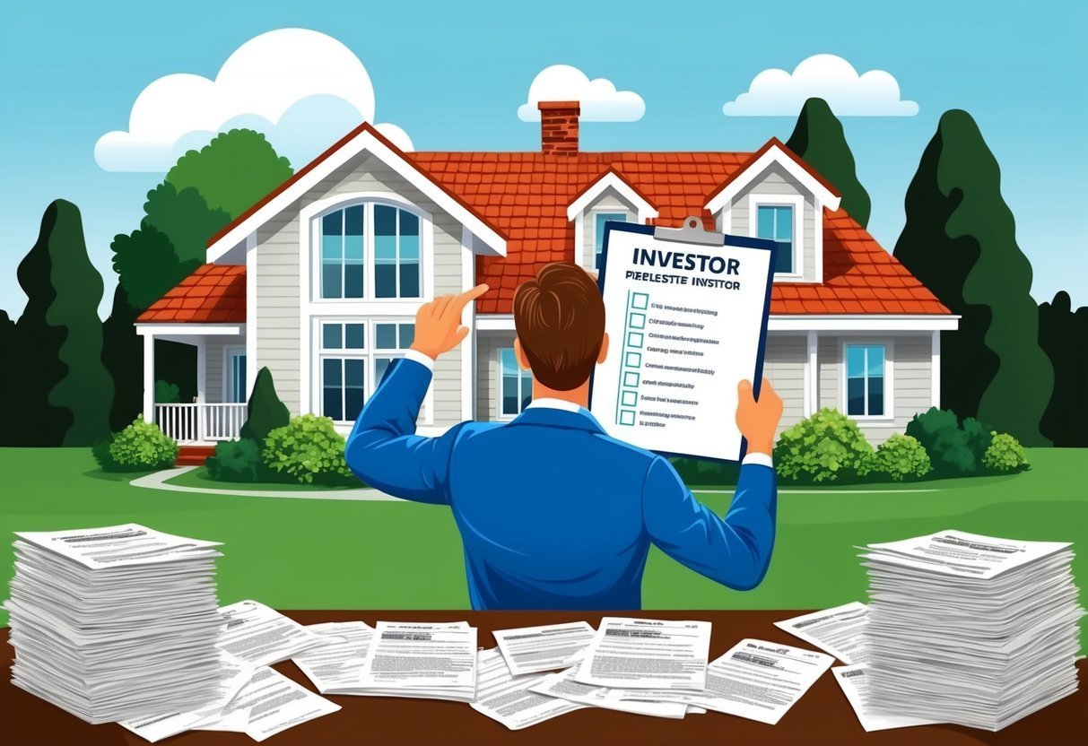 Investor with checklist in front of a house, surrounded by paperwork