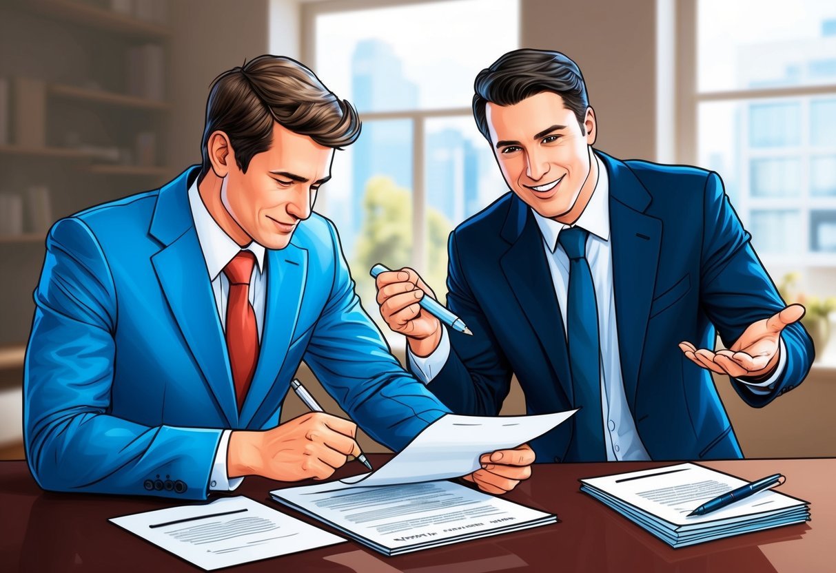 A new real estate investor fumbles with paperwork while a confident counterpart holds a pen and gestures towards a contract