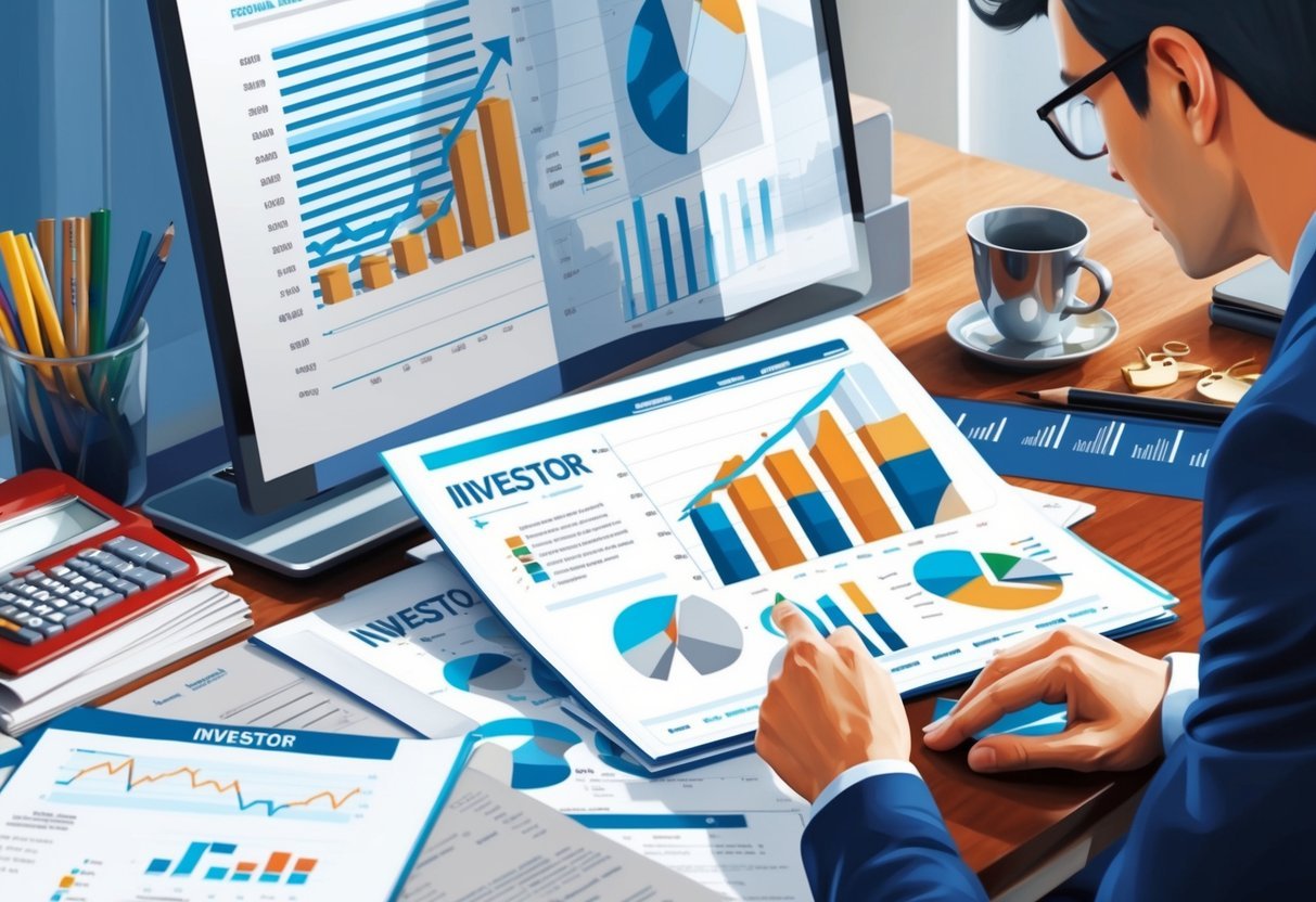 An investor reviewing charts and graphs, surrounded by real estate and financial documents