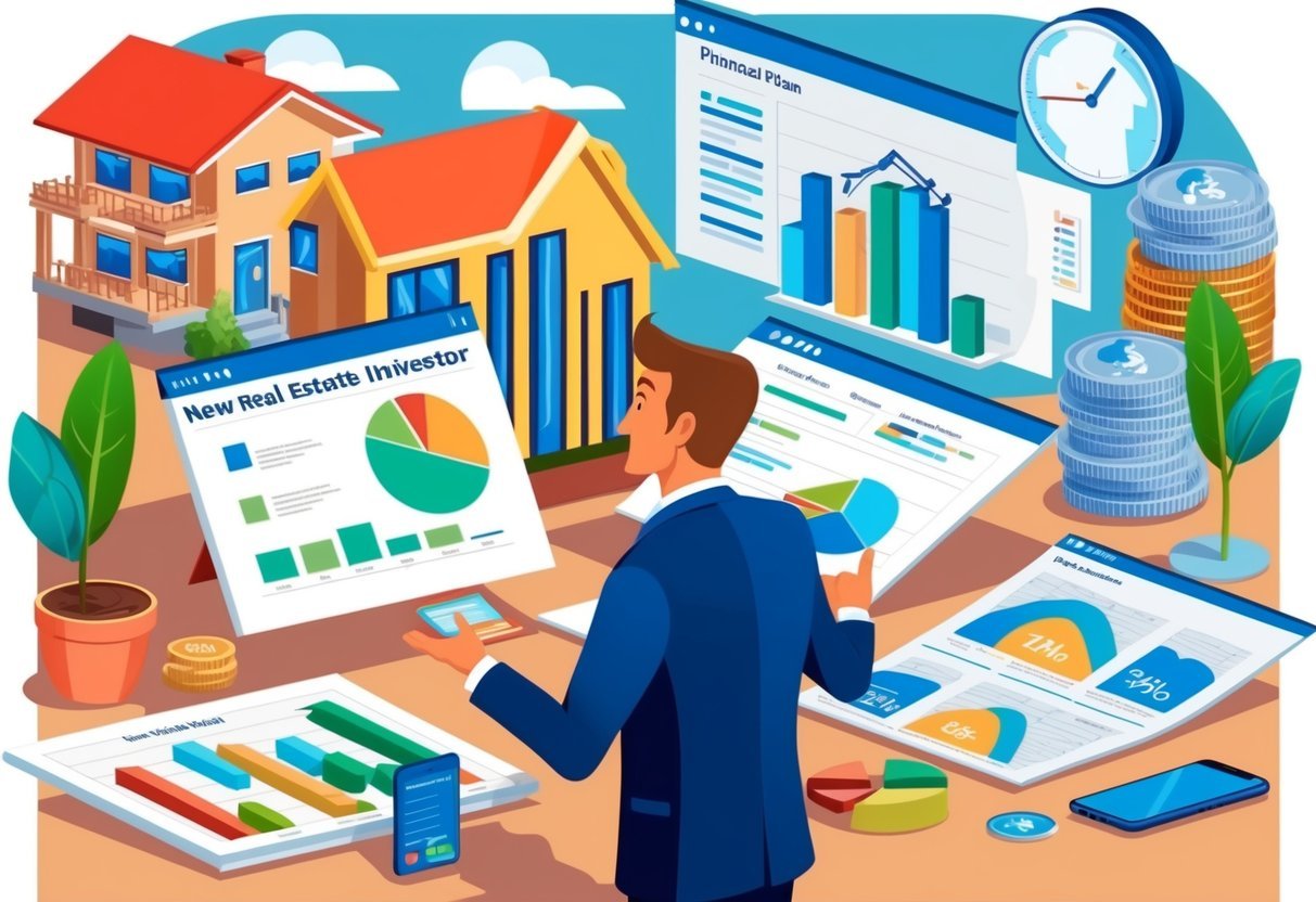 A new real estate investor reviewing a financial plan, surrounded by charts, graphs, and real estate properties