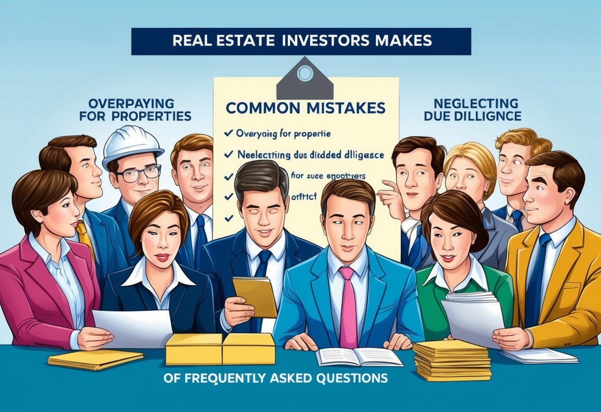 A group of real estate investors making common mistakes, such as overpaying for properties or neglecting due diligence, while reading a list of Frequently Asked Questions