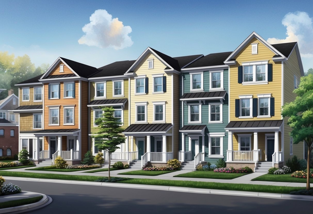 Row of colorful townhouses with black roofs and white porches