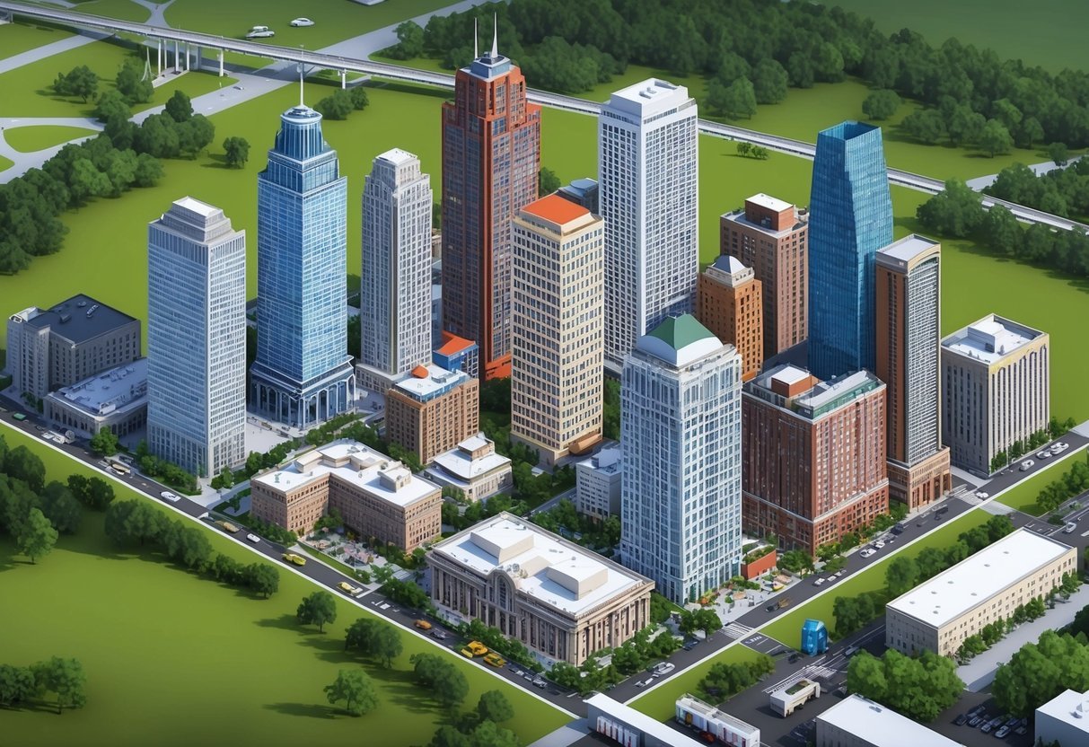 A city skyline with various types of buildings, surrounded by green spaces and located near public transportation and amenities