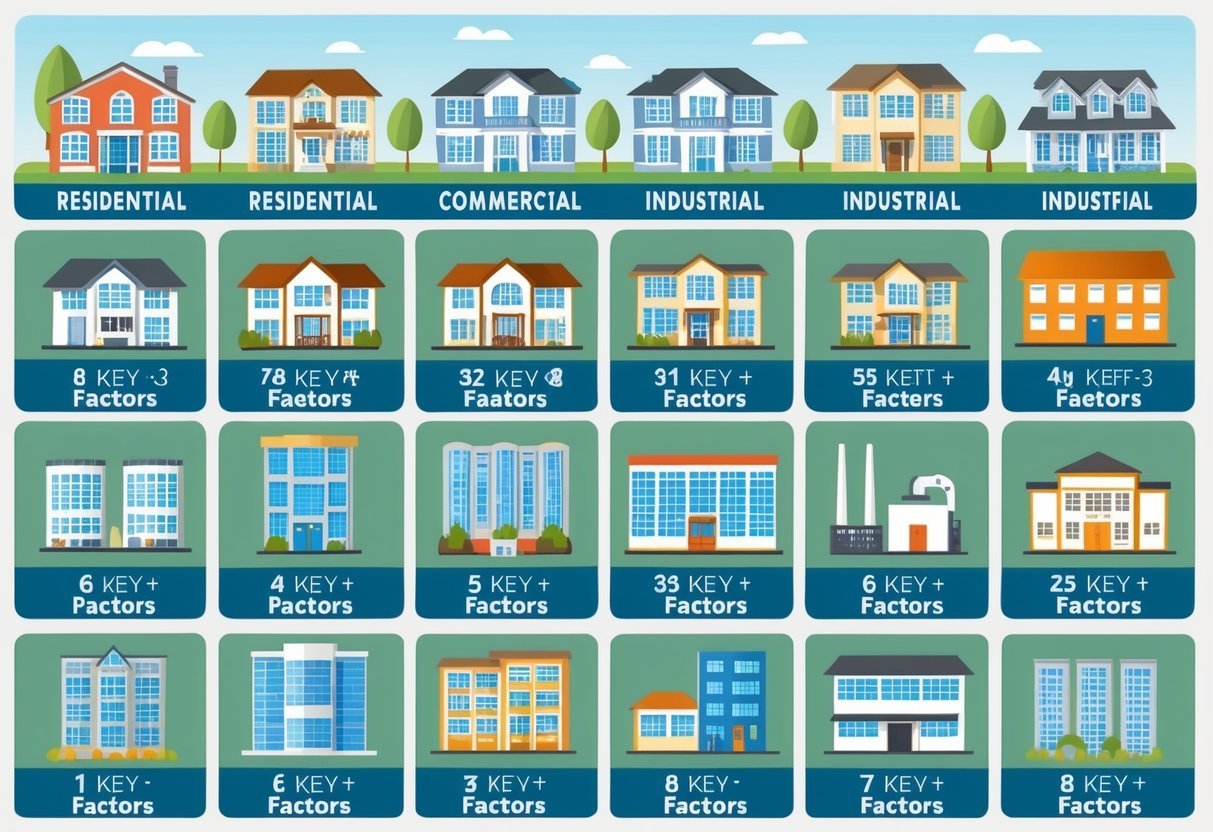 A diverse array of properties, including residential, commercial, and industrial, are displayed on a chart with eight key factors listed alongside each type