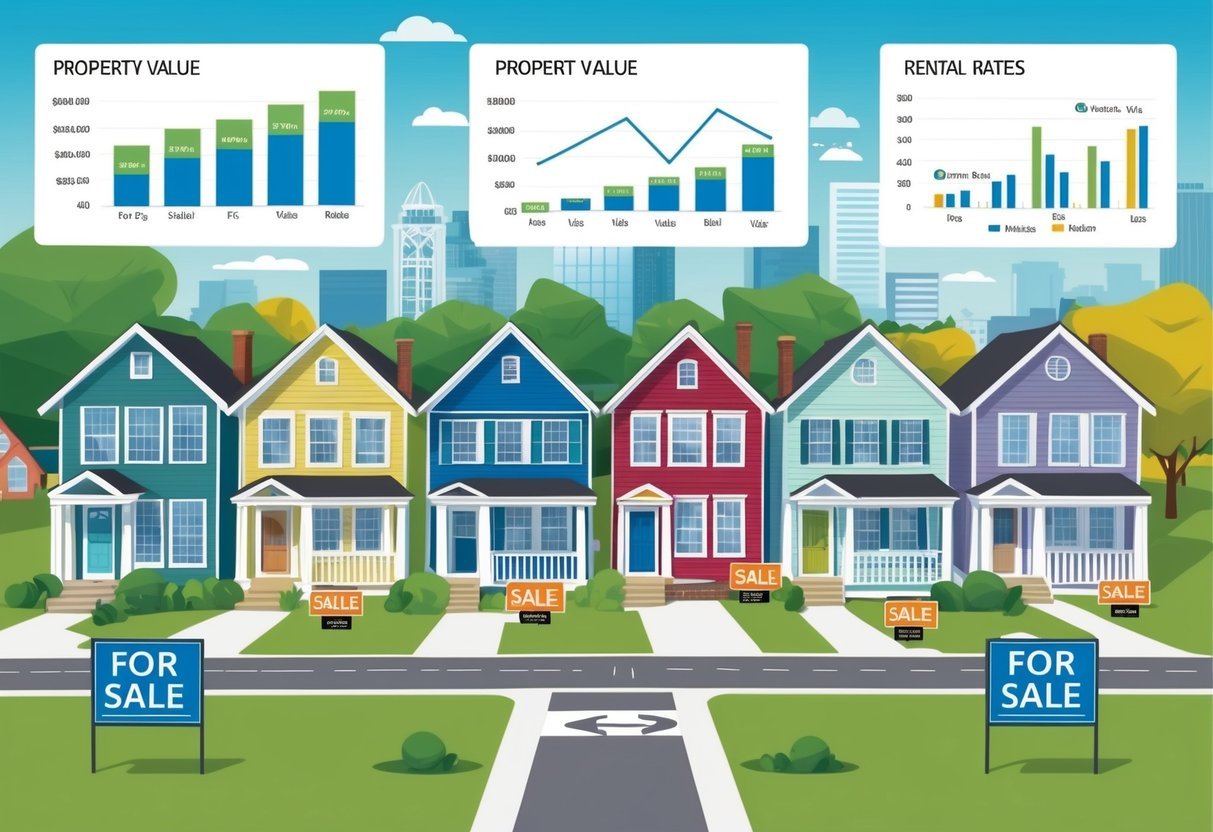 A row of diverse houses with "For Sale" signs, surrounded by schools, parks, and public transportation.</p><p>Graphs and charts show property values and rental rates