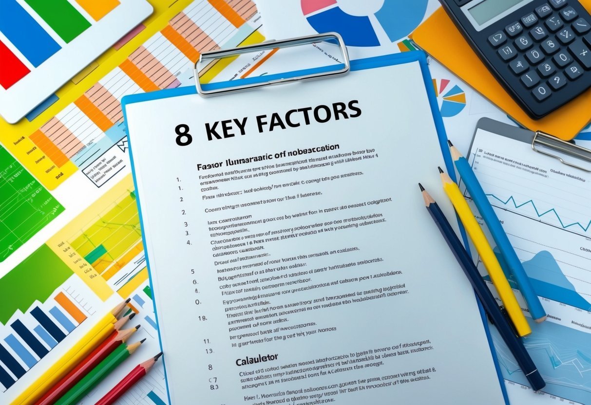 A table with 8 key factors listed on a document, surrounded by charts, graphs, and calculators