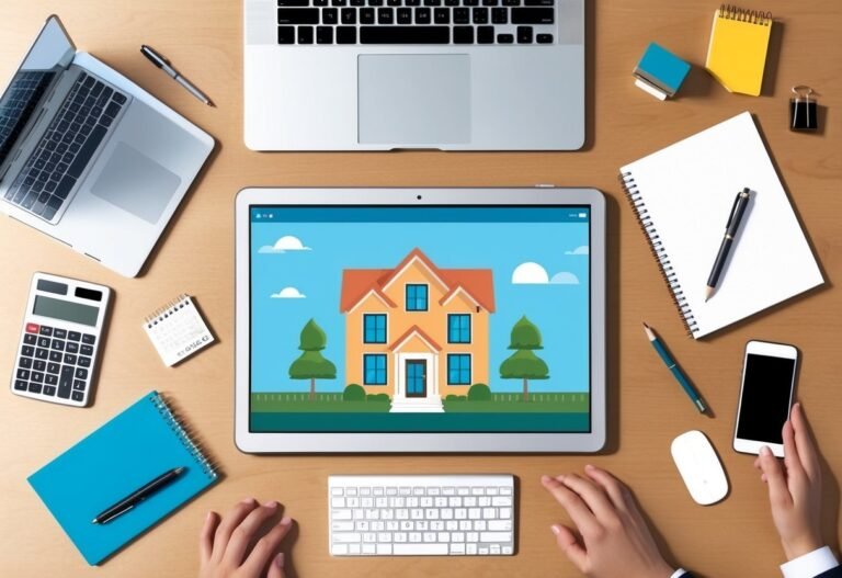 Tablet displaying house, surrounded by laptop, calculator, and office supplies