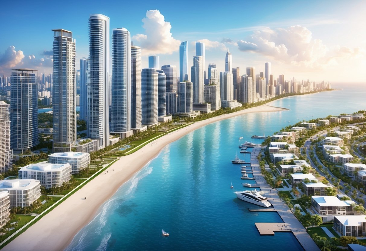 A bustling city skyline with modern high-rise buildings, a serene beachfront with luxury waterfront properties, and a vibrant suburban neighborhood with new residential developments