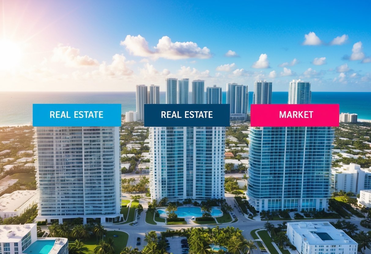 Aerial view of Miami, Florida with three distinct real estate markets highlighted by color-coded sections.</p><p>Sunshine, palm trees, and high-rise buildings in the background