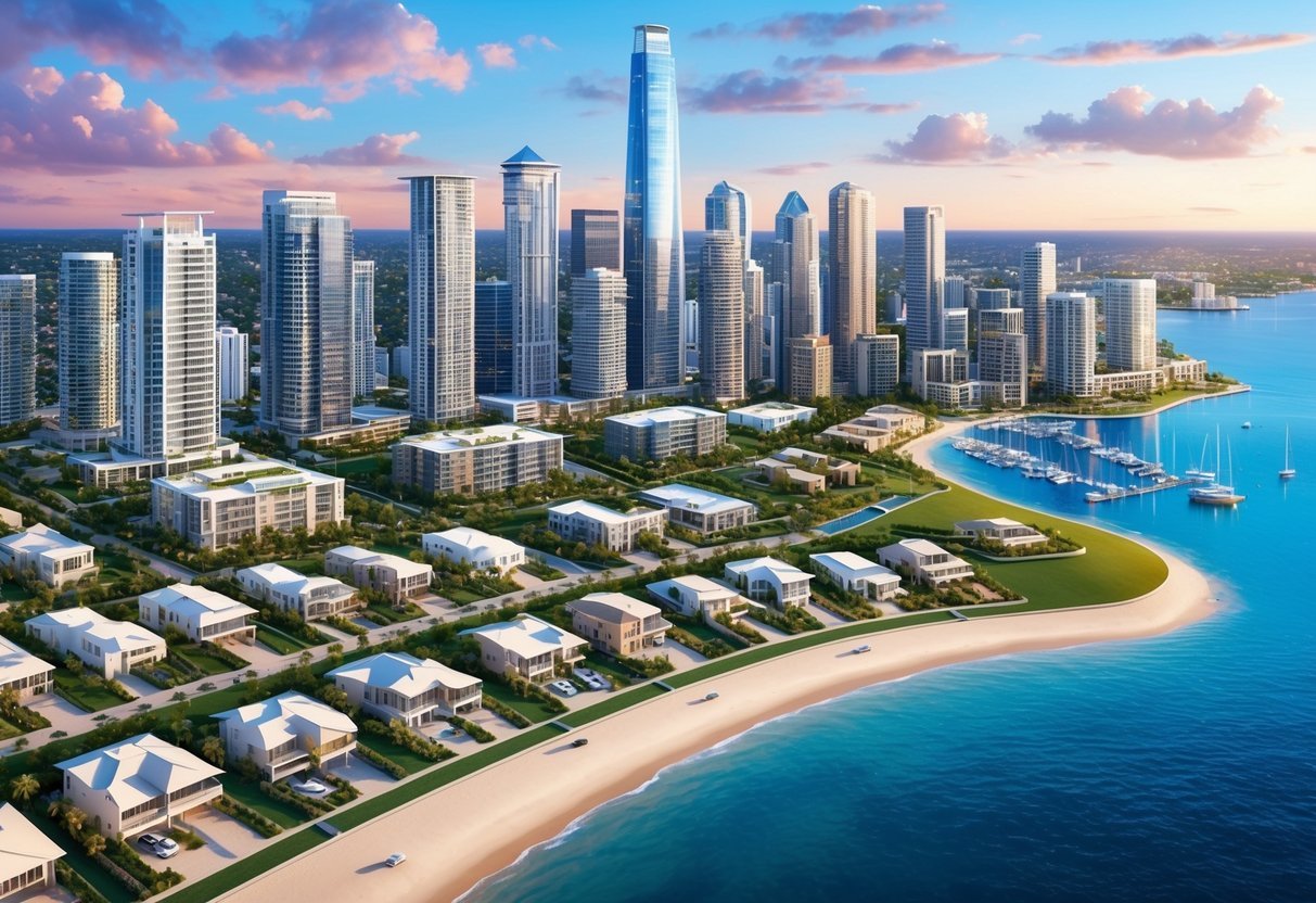 A bustling city skyline with modern high-rise buildings, a suburban neighborhood with new construction, and a scenic coastal area with luxury waterfront properties